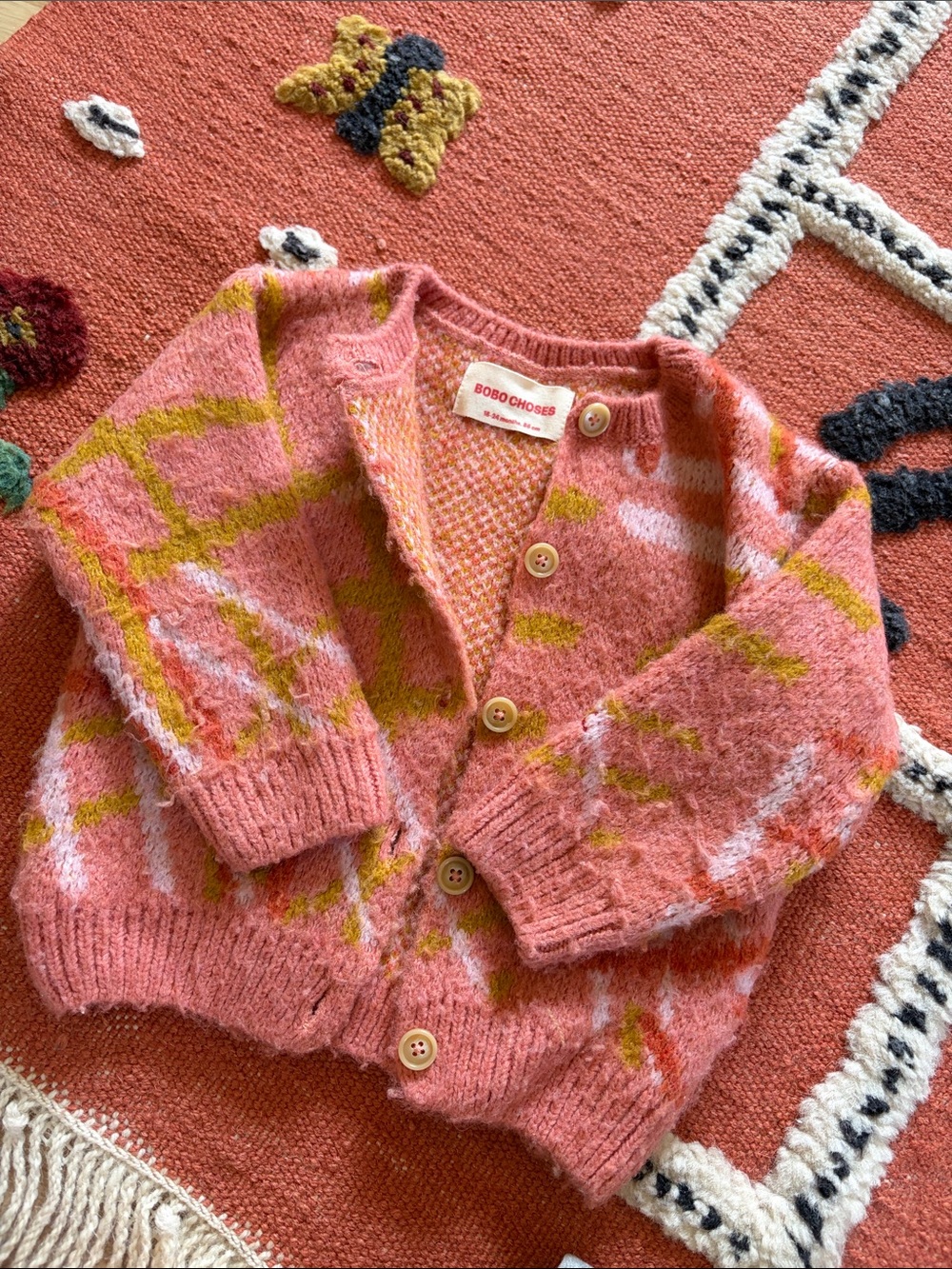 Bobo Choses Coral Pink Fuzzy Knit Cardigan with Mustard Accents